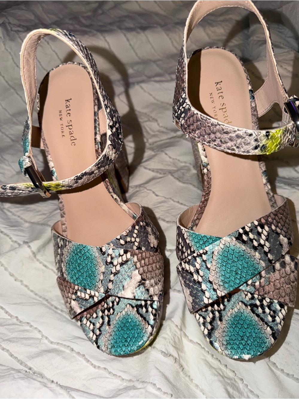 Kate Spade Teal Snake-Print Platform Sandals